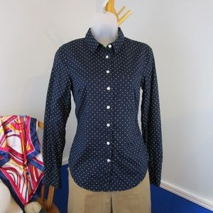 H&M Fitted Navy w/White Polka Dots Button Front Shirt
